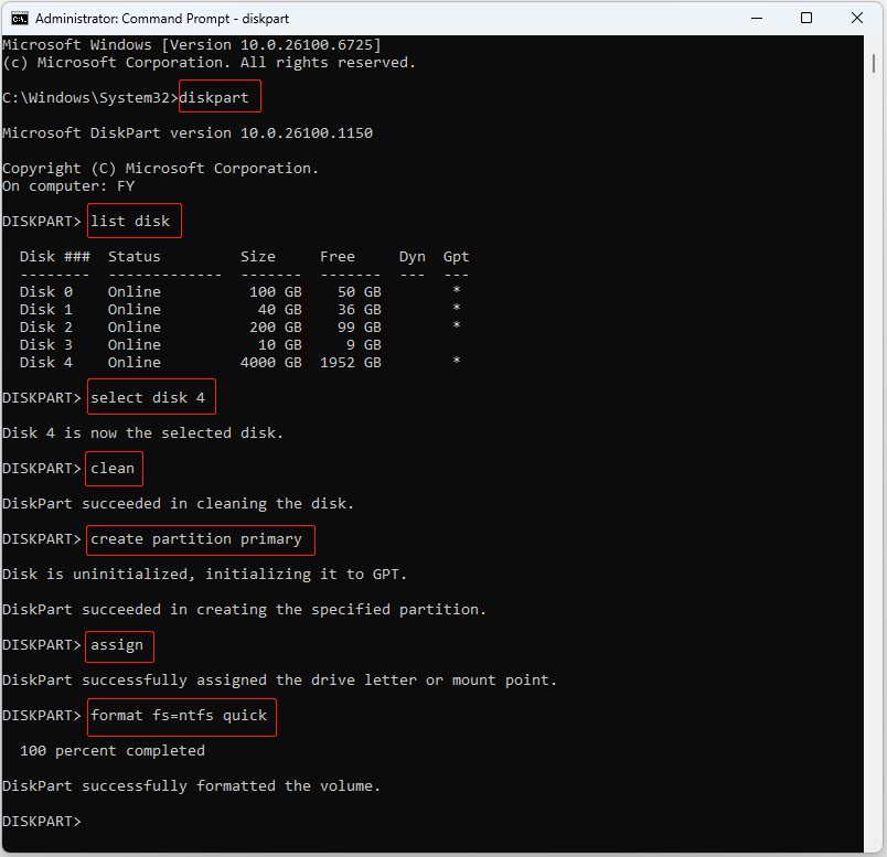 Command Prompt window showing the DiskPart commands to clean and format the disk 4.