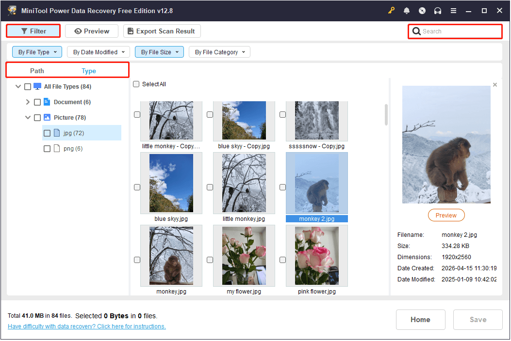 MiniTool Power Data Recovery scan results interface, showing the Path, Type, Filter, and Search features.