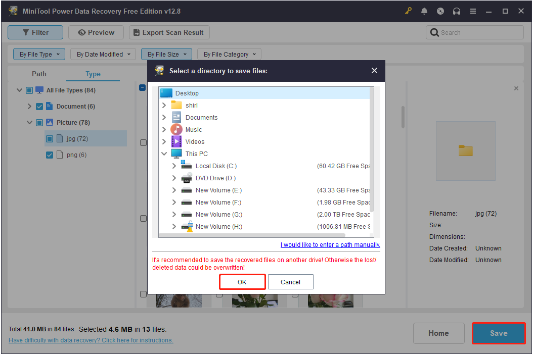 MiniTool Power Data Recovery interface with the Save button highlighted, showing a file saving window.