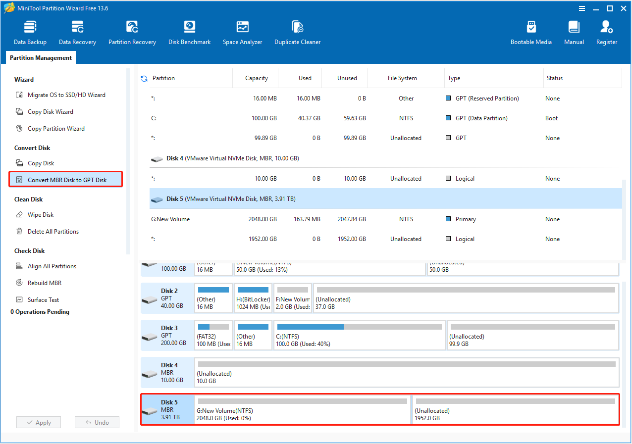 MiniTool Partition Wizard interface highlighting the Convert MBR Disk to GPT Disk option.
