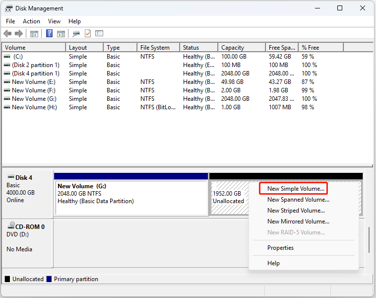 Disk Management interface with the New Simple Volume option highlighted.