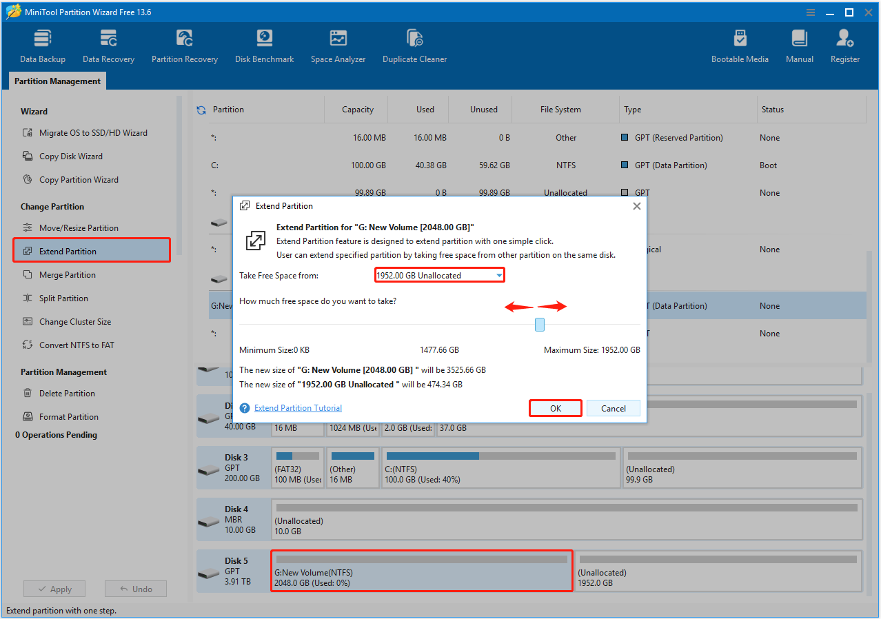 MiniTool Partition Wizard interface with the Extend Partition option highlighted, showing the space selection window.