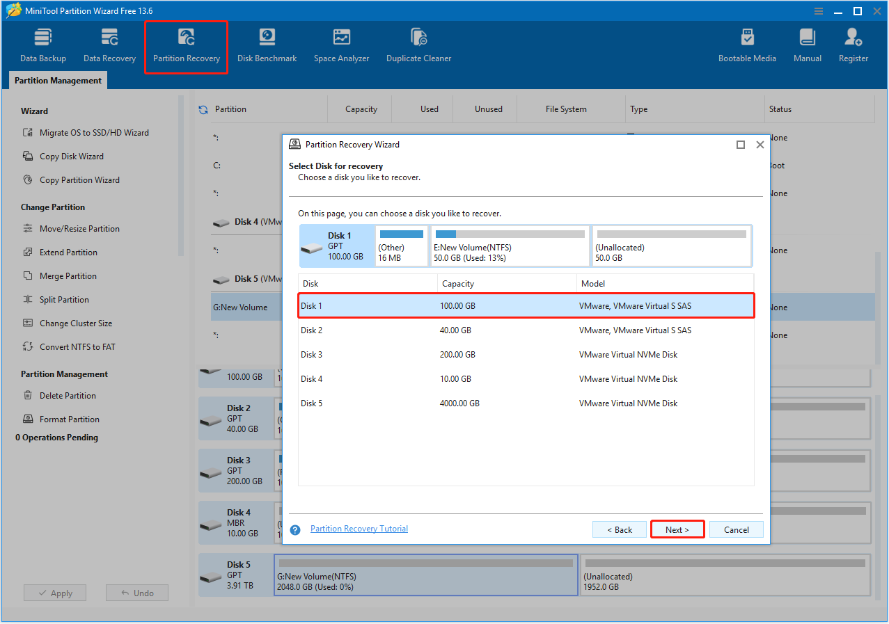 MiniTool Partition Wizard interface with the Partition Recovery option highlighted, showing a disk scanning window.