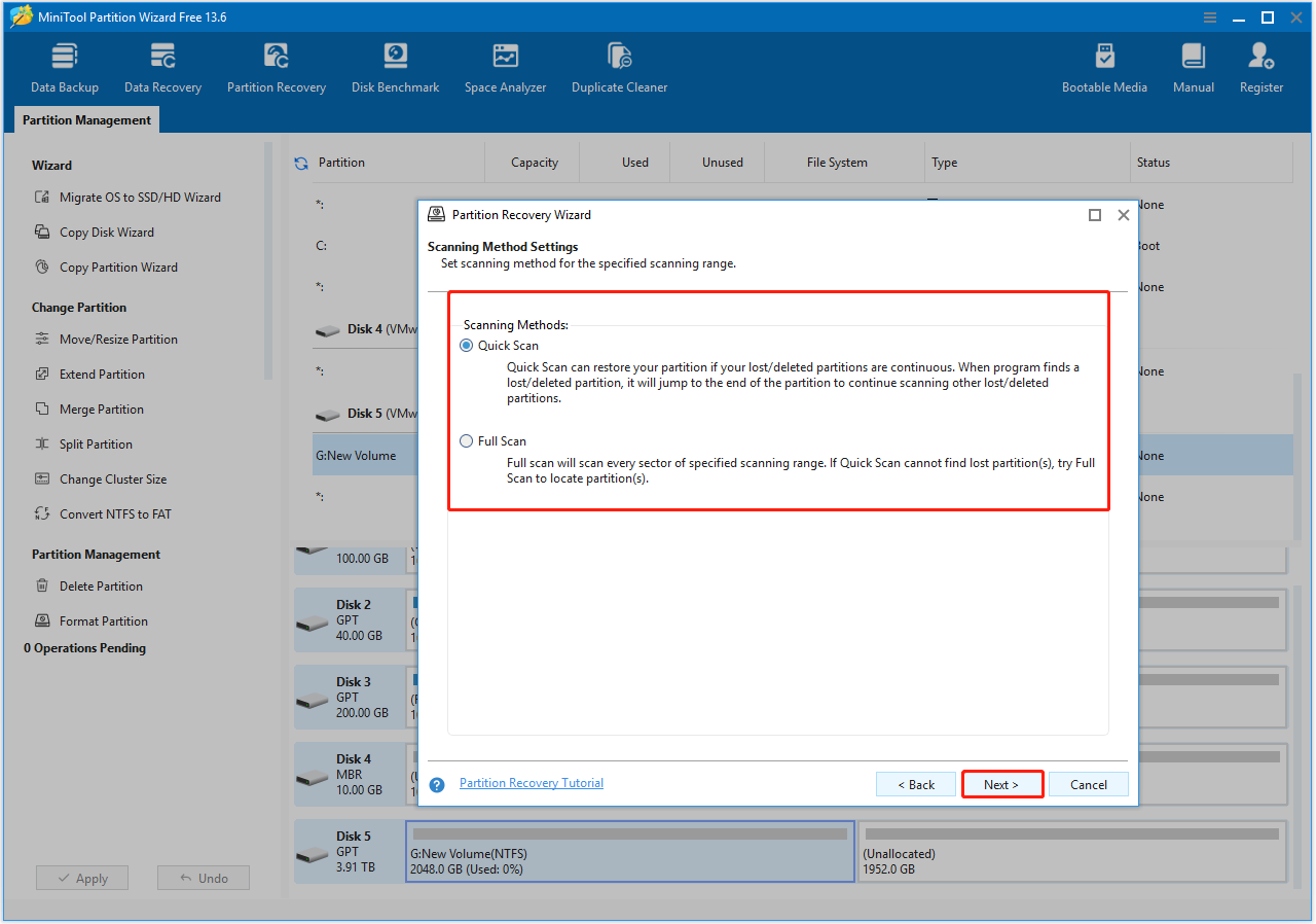 MiniTool Partition Wizard interface showing the Quick Scan and Full Scan options.