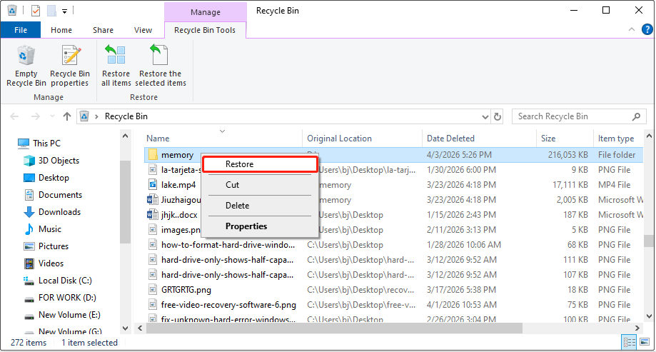The Recycle Bin interface showing all deleted files with a folder and the Restore option selected.