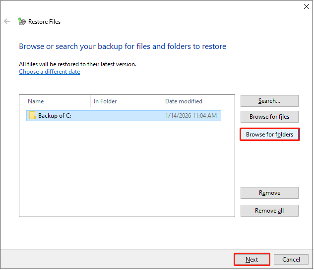 The Restore Files interface with the Browse for folders option and a folder selected.