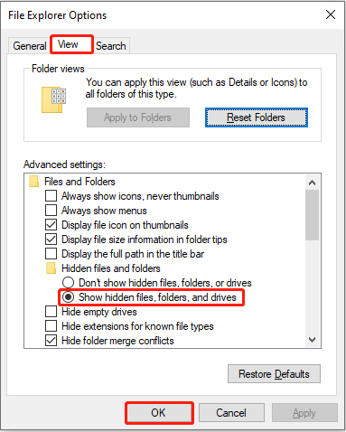 File Explorer Options interface showing the View section with the Show hidden files, folders, and drives option selected.