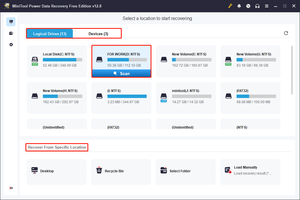 MiniTool Power Data Recovery interface showing all partitions with the D drive selected and the Scan icon highlighted.