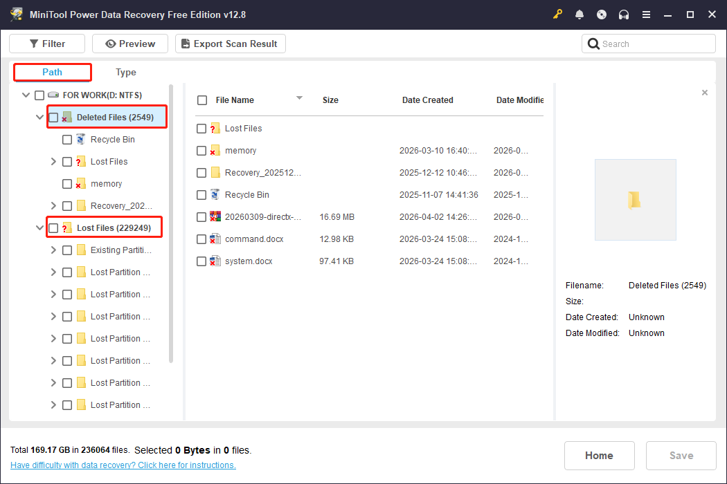 MiniTool Power Data Recovery interface showing the Path tab with the Deleted Files and Lost files selected.