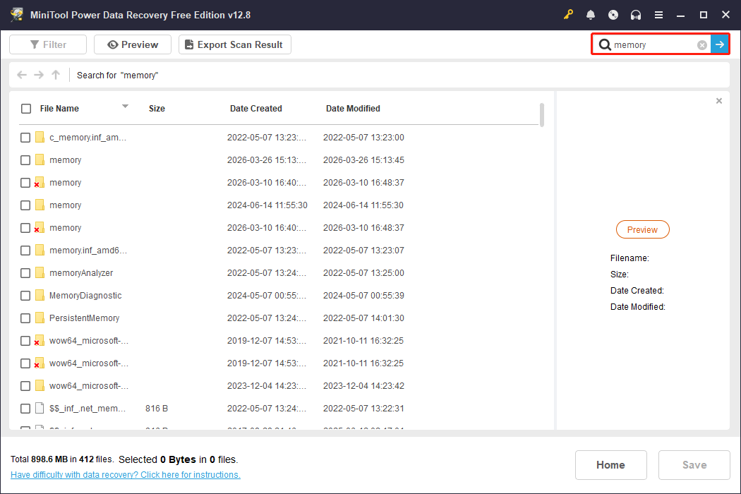 MiniTool Power Data Recovery interface with the Search box selected, showing the search results.