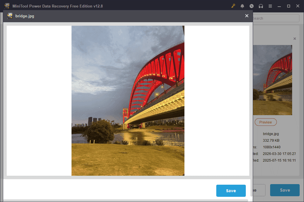 MiniTool Power Data Recovery interface showing an embedded image with a red bridge and a river at dusk.