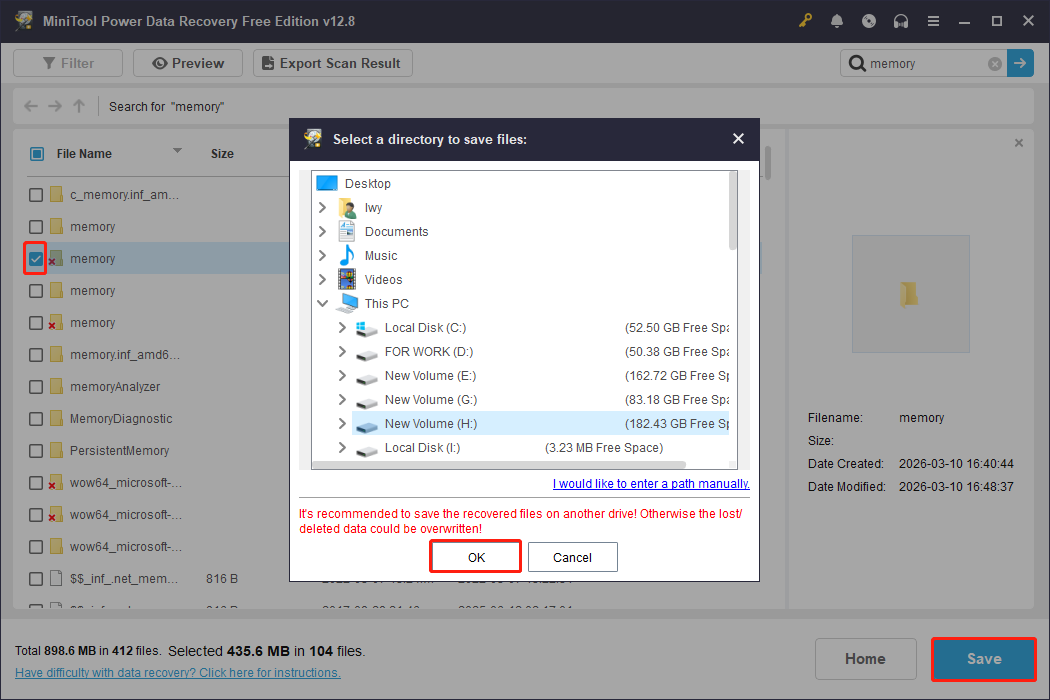 MiniTool Power Data Recovery interface with the folder and Save button selected, showing all paths to recover the folder.