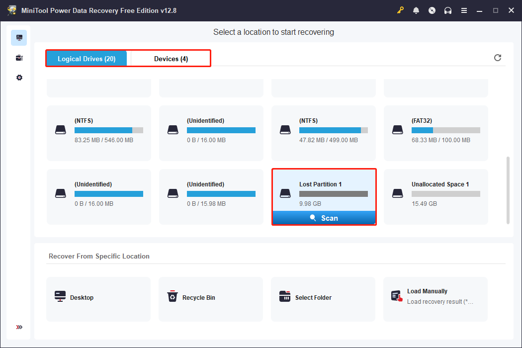 MiniTool Power Data Recovery interface with the Logical Drives, Devices, and Scan options highlighted.
