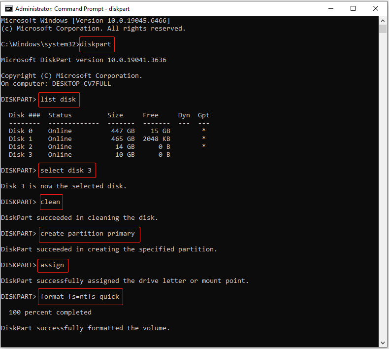 Command Prompt interface showing the DiskPart commands to clean and format disk 3.