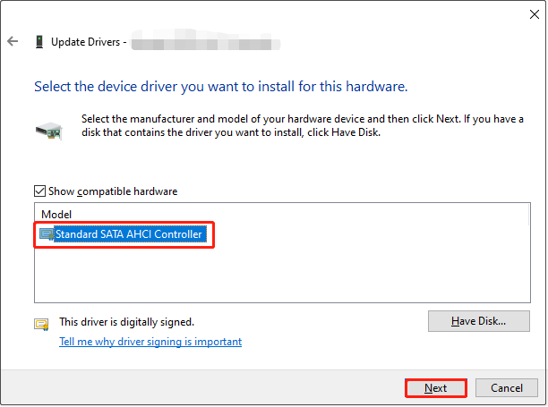 Driver update interface showing the Standard SATA AHCI Controller driver.