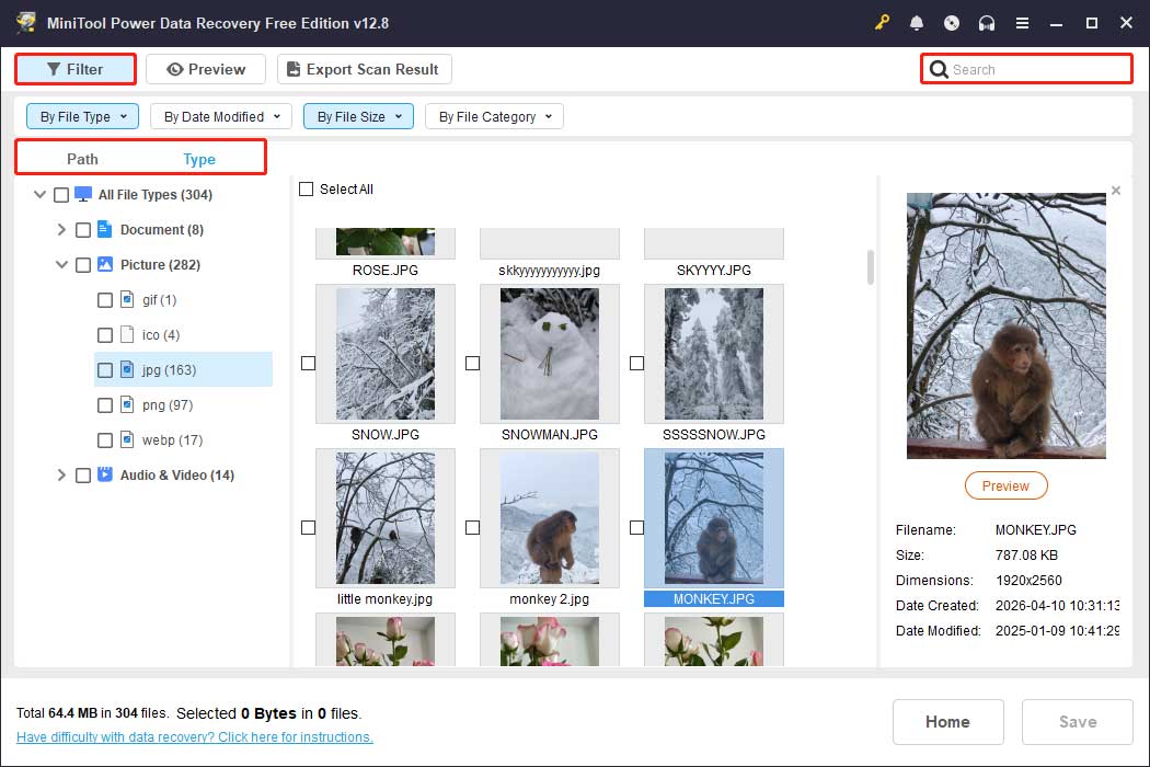 MiniTool Power Data Recovery interface with the Filter, Search, Path, and Type features highlighted.