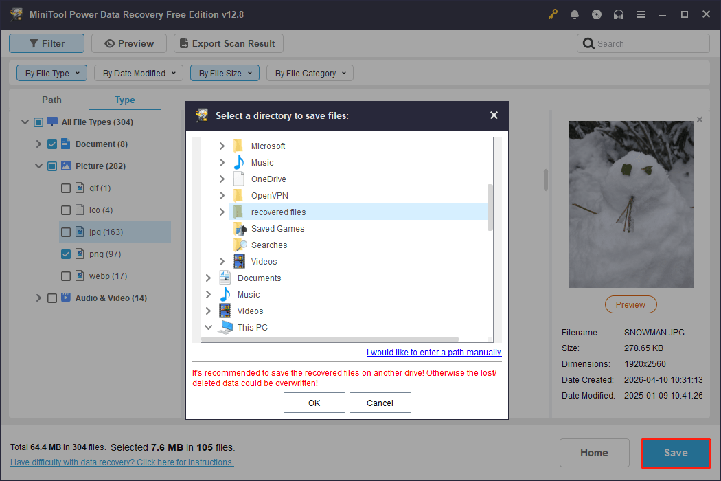 MiniTool Power Data Recovery interface with the Save button selected, showing a save path selection window.