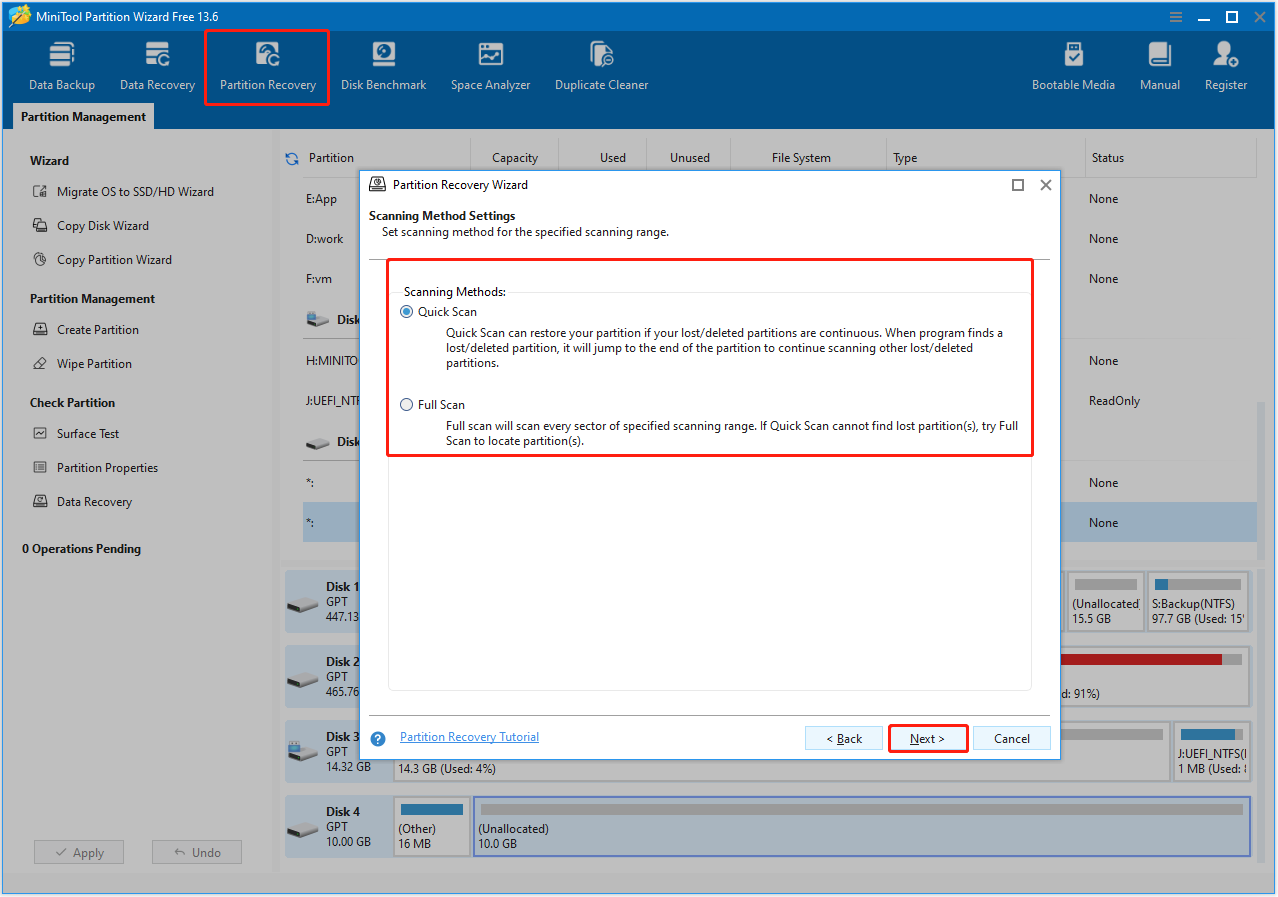 MiniTool Partition Wizard interface showing the Partition Recovery wizard, with Quick Scan and Full Scan highlighted.