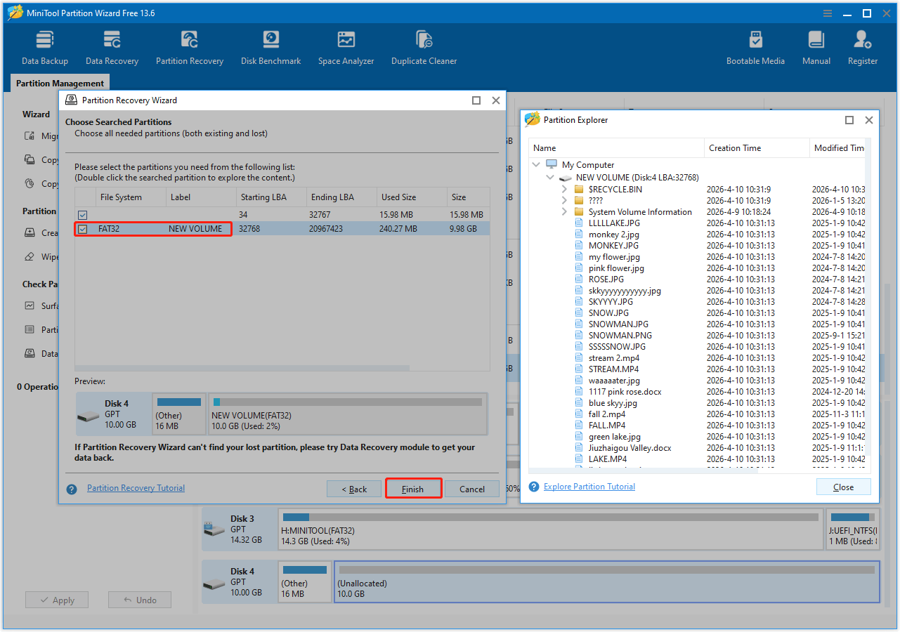MiniTool Partition Wizard interface showing recovered partitions and files, with the Save button highlighted.