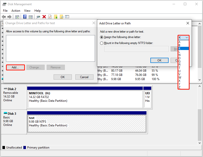 Disk Management interface showing the Change Drive Letter and Paths window.