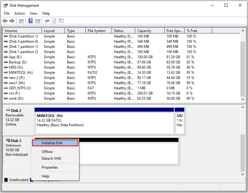 Disk Management interface with the Initialize Disk option highlighted.