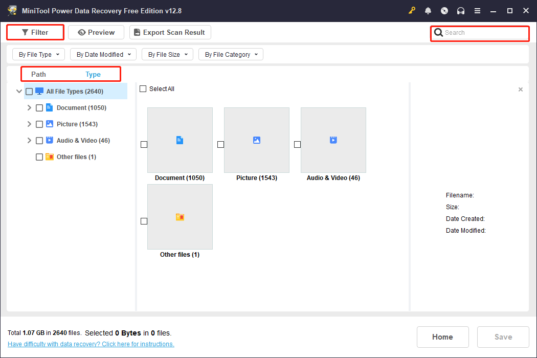 MiniTool Power Data Recovery scan results page with Path, Type, Filter, and Search selected to find the target files.