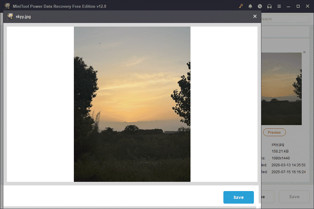 A preview window embedded in the MiniTool Power Data Recovery interface, showing some trees at dusk.
