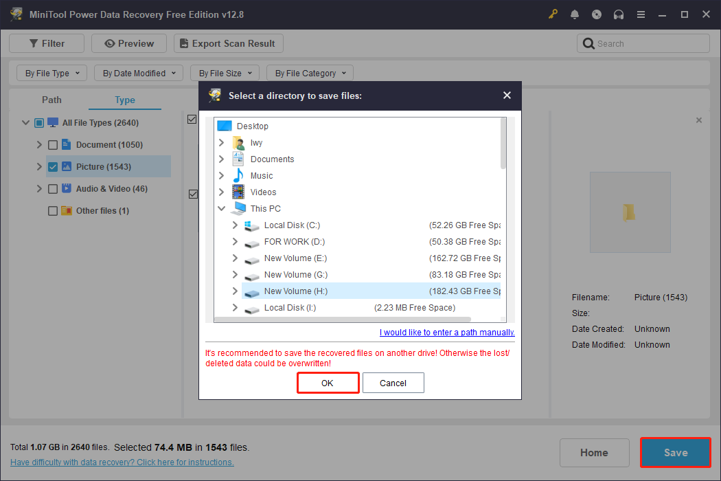MiniTool Power Data Recovery interface showing a Save button and a window with a path and the OK button selected.