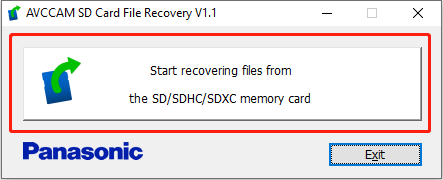 Panasonic SD Card File Recovery Software interface with the start module selected to start recovering.