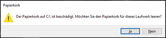 Das Papierkorbfenster zeigt die Fehlermeldung, dass der Papierkorb auf C:/ beschädigt ist.