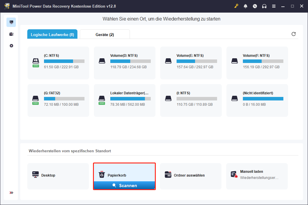 Die Oberfläche von MiniTool Power Data Recovery zeigt die Partitionen und Orte, und die Schaltfläche Scannen ist markiert.