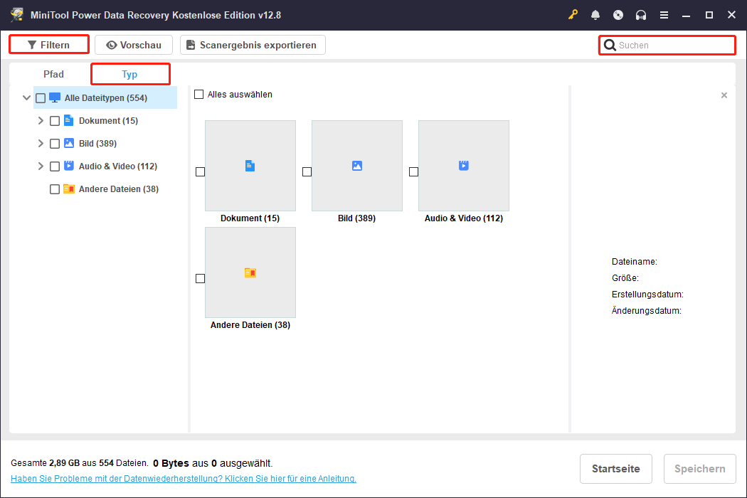 Die Oberfläche zeigt die Dateitypen, und Filtern, Typ und Suchen sind hervorgehoben.