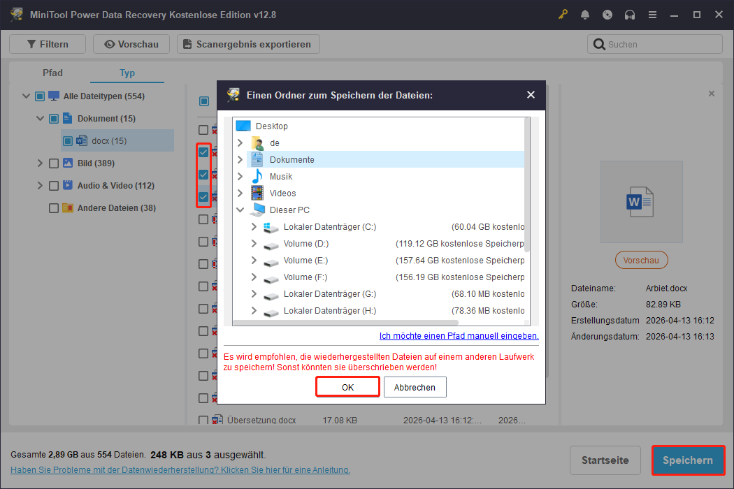 Die Oberfläche zeigt das Fenster zur Auswahl des Speicherorts, und die ausgewählten Dateien sowie Speichern und OK sind markiert.