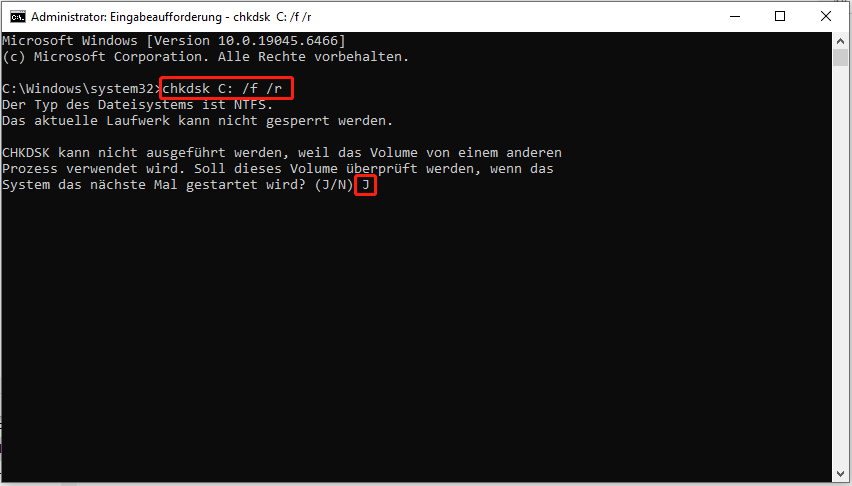 Die Oberfläche der Eingabeaufforderung zeigt CHKDSK im Fortschritt, und Y ist bestätigt.