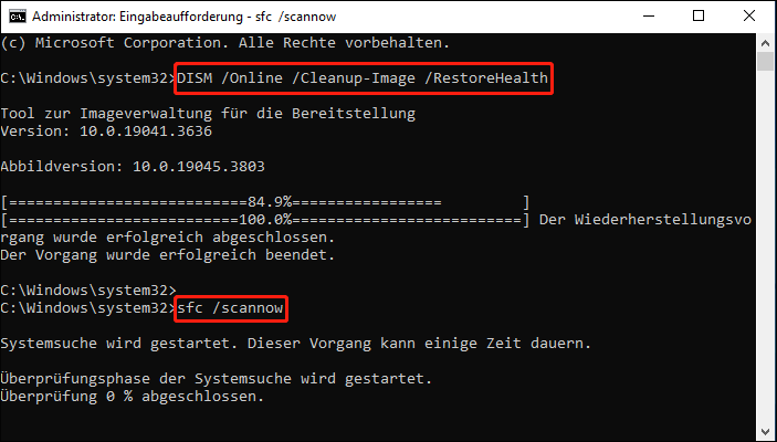 Die Oberfläche der Eingabeaufforderung zeigt die ausgeführten Befehle, und die Befehle DISM und SFC sind markiert.