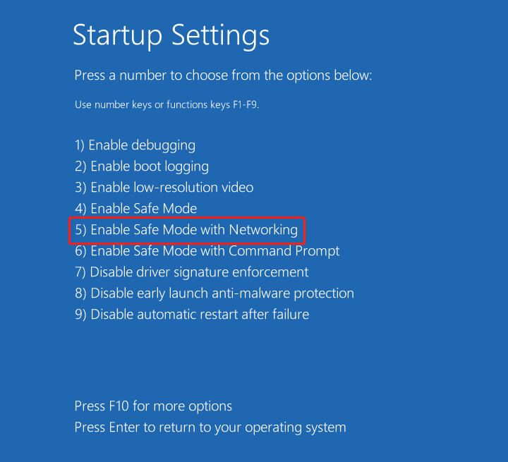 Startup Settings window with the Enable Safe Mode with Networking option highlighted.