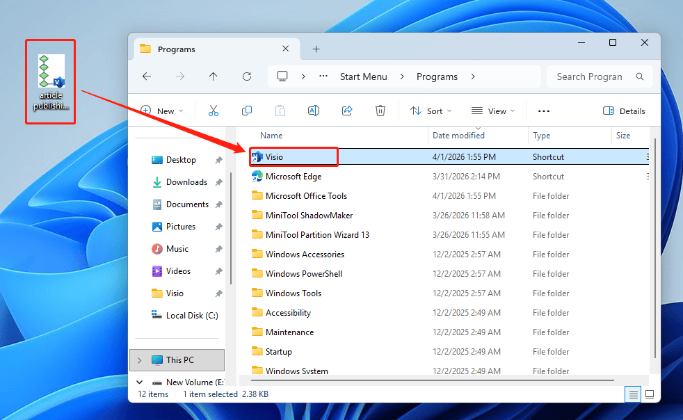 File Explorer window showing a Visio file being dragged to the Visio application icon.
