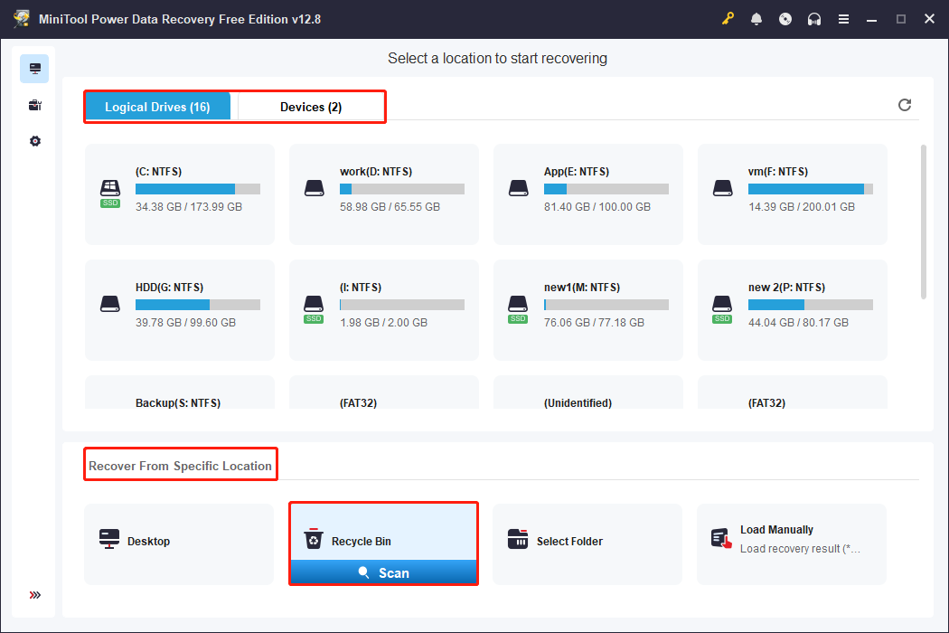 MiniTool Power Data Recovery interface with Logical Drives, Devices, Recover From Specific Location, and Scan selected.