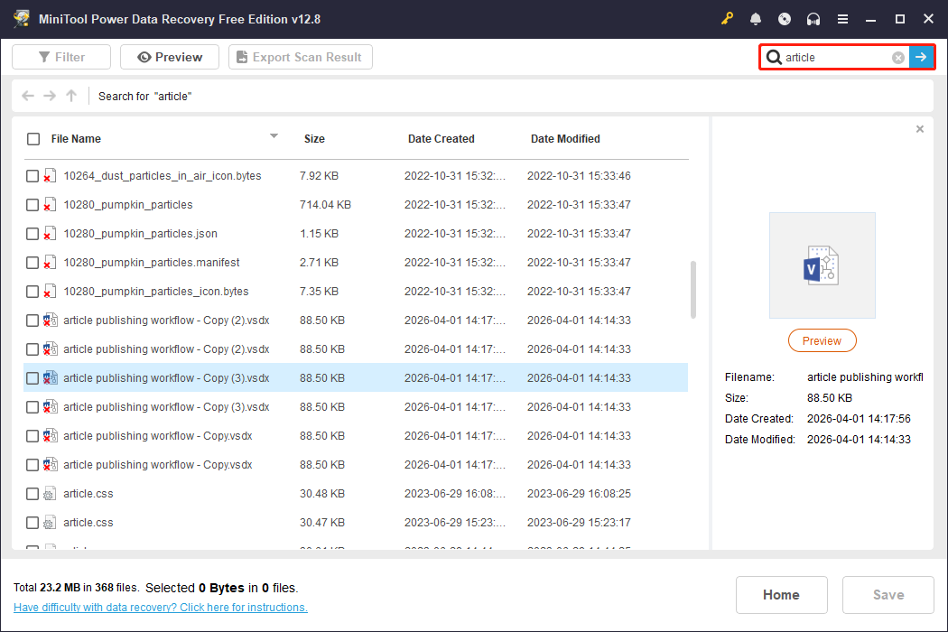 MiniTool Power Data Recovery interface showing the search results for the keyword article, with the search box highlighted.
