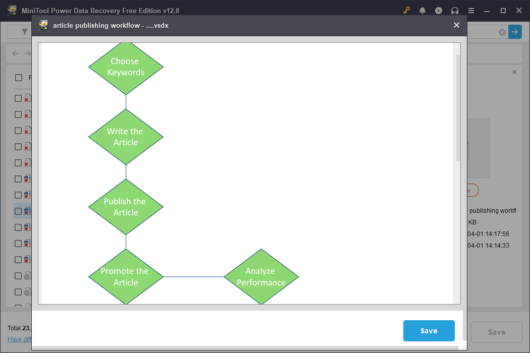 MiniTool Power Data Recovery interface showing a preview window for a .vsdx file.