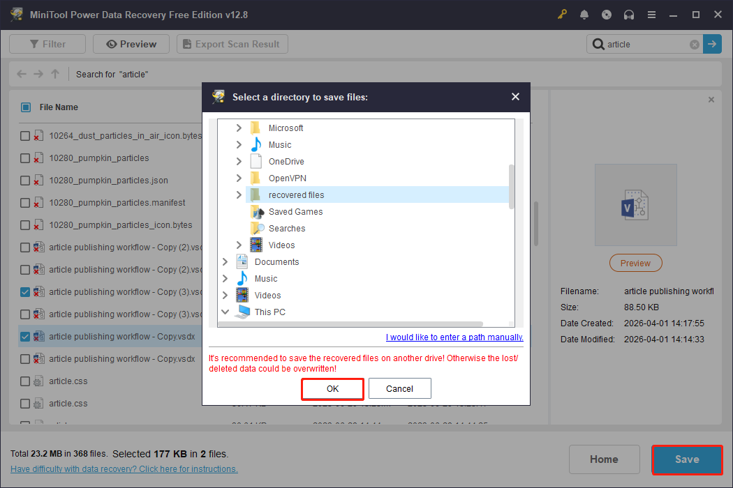 MiniTool Power Data Recovery interface with the Save button highlighted, showing a file save window.