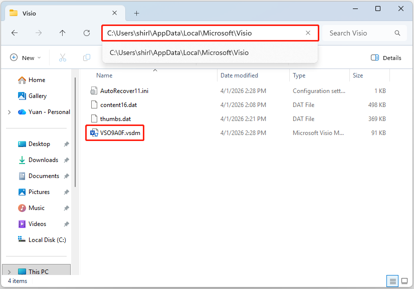 File Explorer window with the Visio AutoRecover file location highlighted in the address bar.