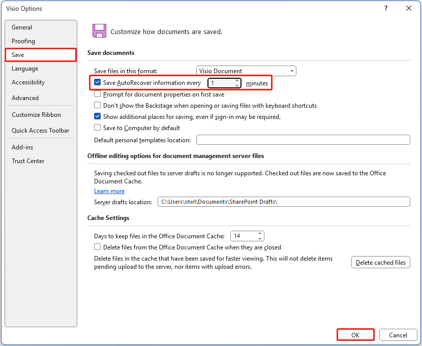 Visio Options window opened to the Save tab, with the Save AutoRecover information every X minutes box highlighted.