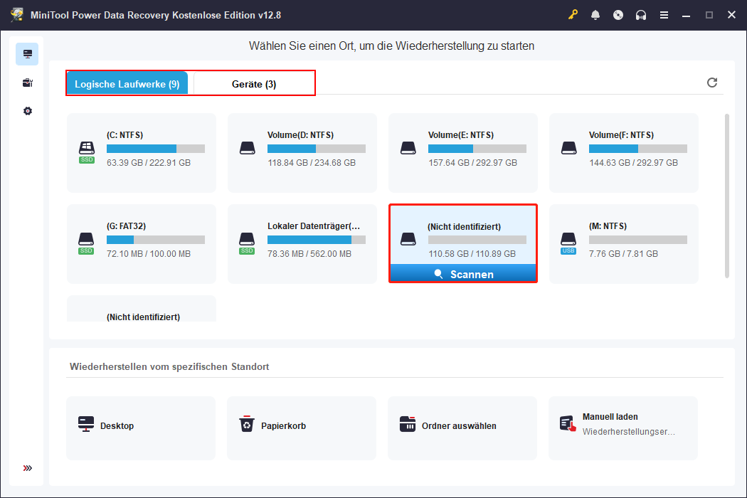 MiniTool Power Data Recovery-Oberfläche mit Anzeige aller Partitionen, ausgewählte Zielpartition und hervorgehobenes Scan-Symbol.