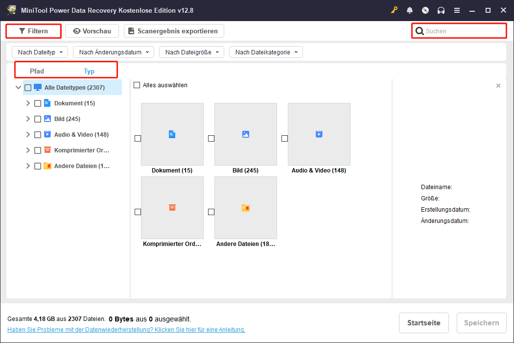 MiniTool Power Data Recovery-Oberfläche mit ausgewählten Optionen Pfad, Typ, Filtern und Suchen zur Dateisuche.