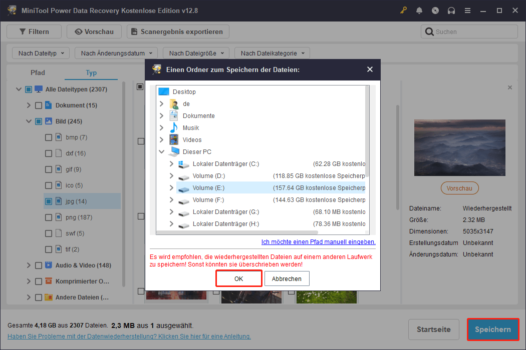 MiniTool Power Data Recovery-Oberfläche mit ausgewähltem Speicherpfad für wiederhergestellte Dateien und ausgewählter Schaltfläche Speichern.