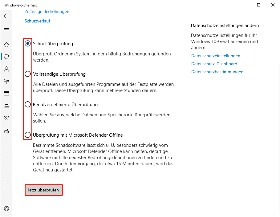Windows-Sicherheitsoberfläche mit Anzeige aller Scanmethoden, ausgewählter Schnellscan und ausgewählte Schaltfläche Jetzt scannen.