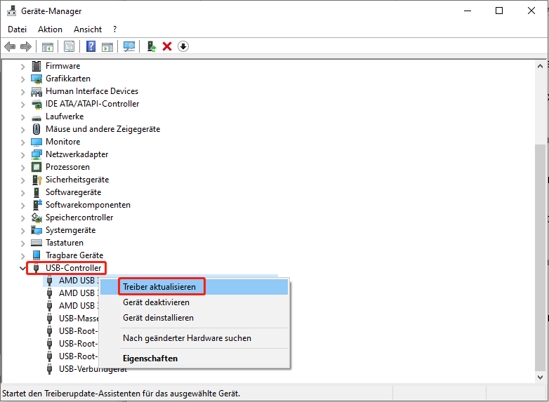 Geräte-Manager-Oberfläche mit Anzeige der USB-Controller, ausgewählter Zielcontroller und ausgewählte Option Treiber aktualisieren.