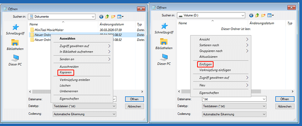 Notepad-Fenster mit ausgewählten Optionen Kopieren und Einfügen zum Übertragen von Dateien.
