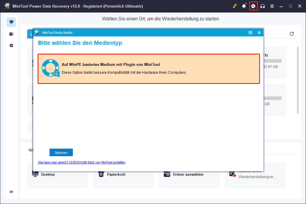 MiniTool Power Data Recovery-Oberfläche mit ausgewählter Option WinPE-basierte Medien mit MiniTool-Plug-in.
